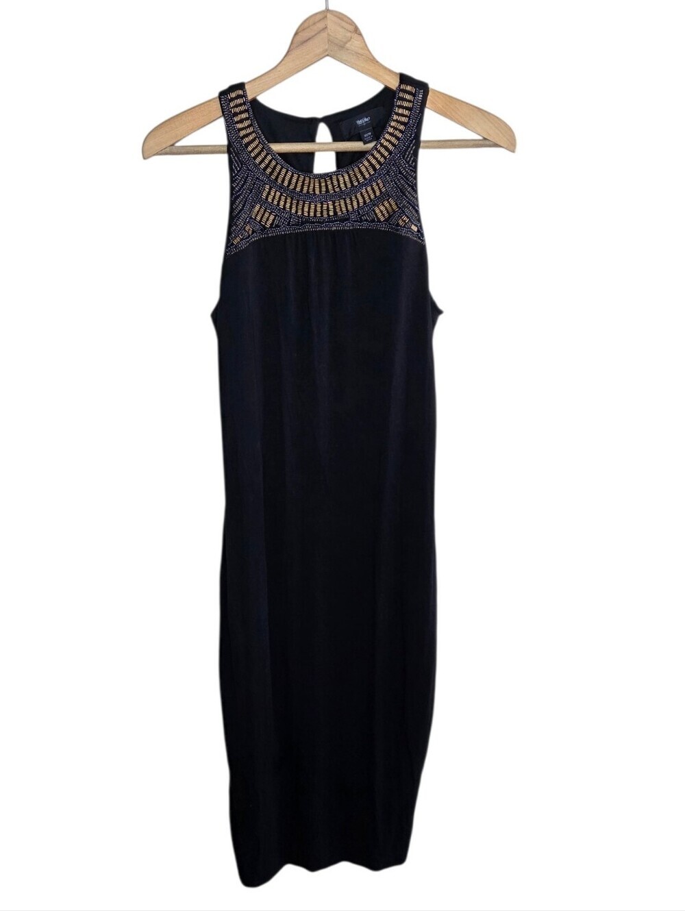 Mossimo Stretchy Black Sleeveless Midi Dress Gold Beaded Neckline Size XS
